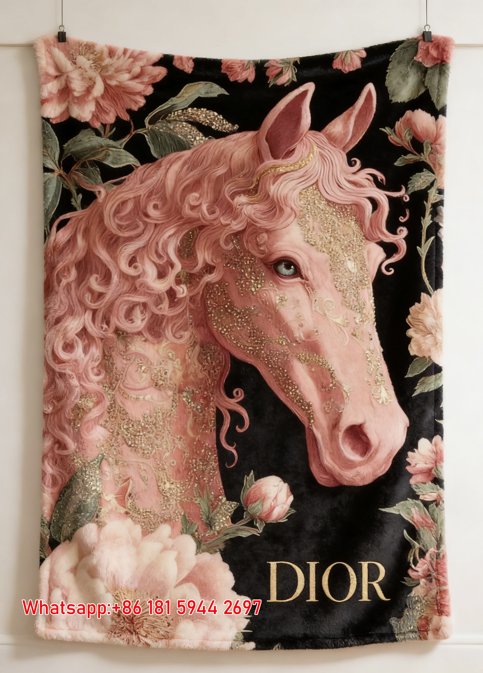 Dior Pink Horse Peony Flannel Sofa Throw Blanket D216